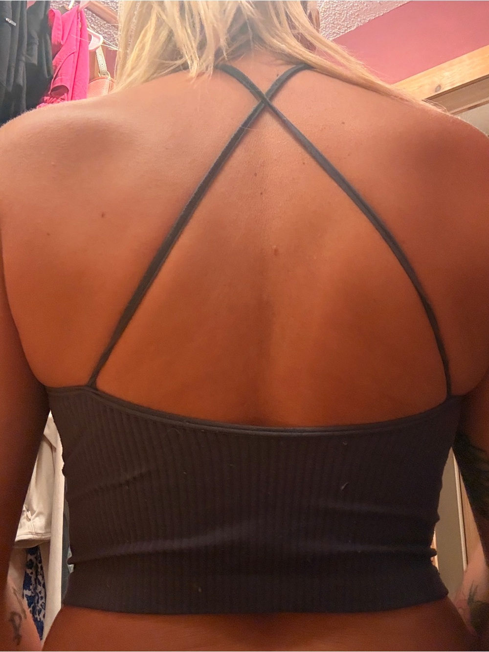 Women’s Ribbed Strappy Back Crop Tank - Charcoal/Indigo